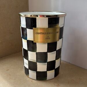 MacKenzie-Childs Black and White Checkered Vase with Gold Plaque